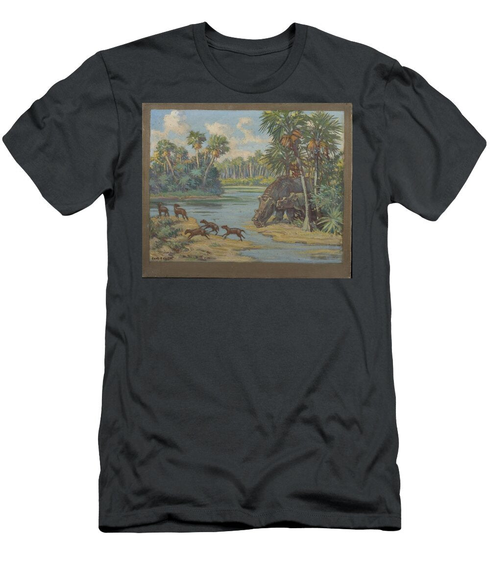 A Serene Tropical Scene Is Depicted with a Large Hippopotamus Motionage Designs T-Shirt