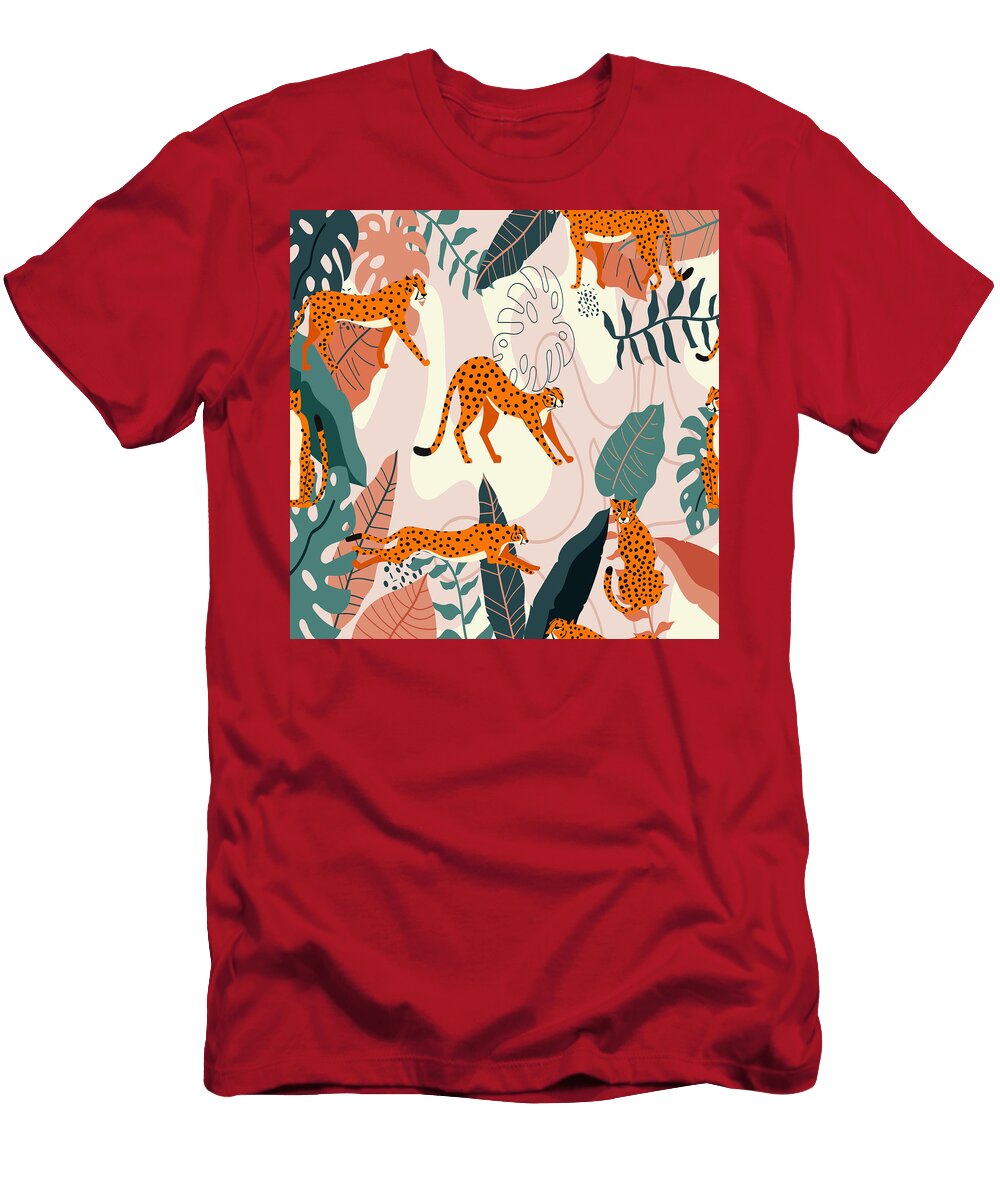 Hand Drawn Exotic Big Cat Cheetahs Stretching Running Sitting and Walking Abstract Tropic Leaves Mounir Khalfouf T-Shirt