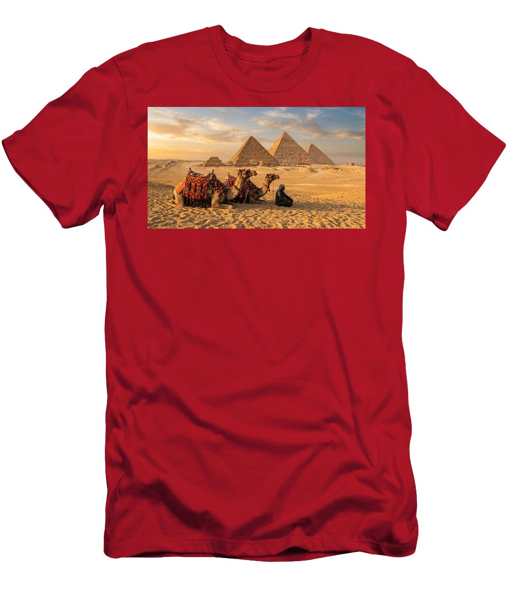Pyramids and Camels At Sunset Mango Art T-Shirt