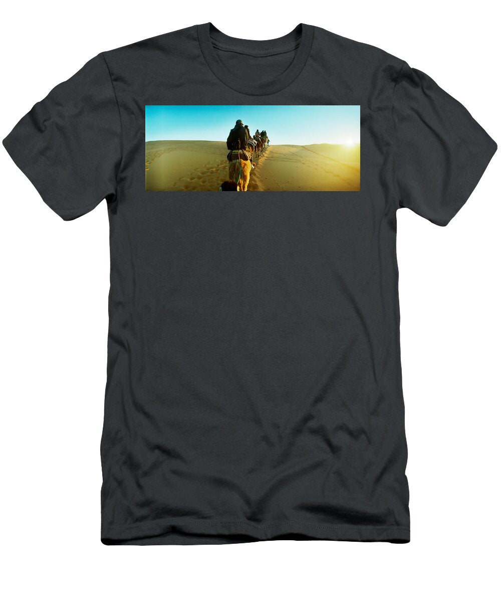 Row of People Riding Camels Panoramic Images T-Shirt